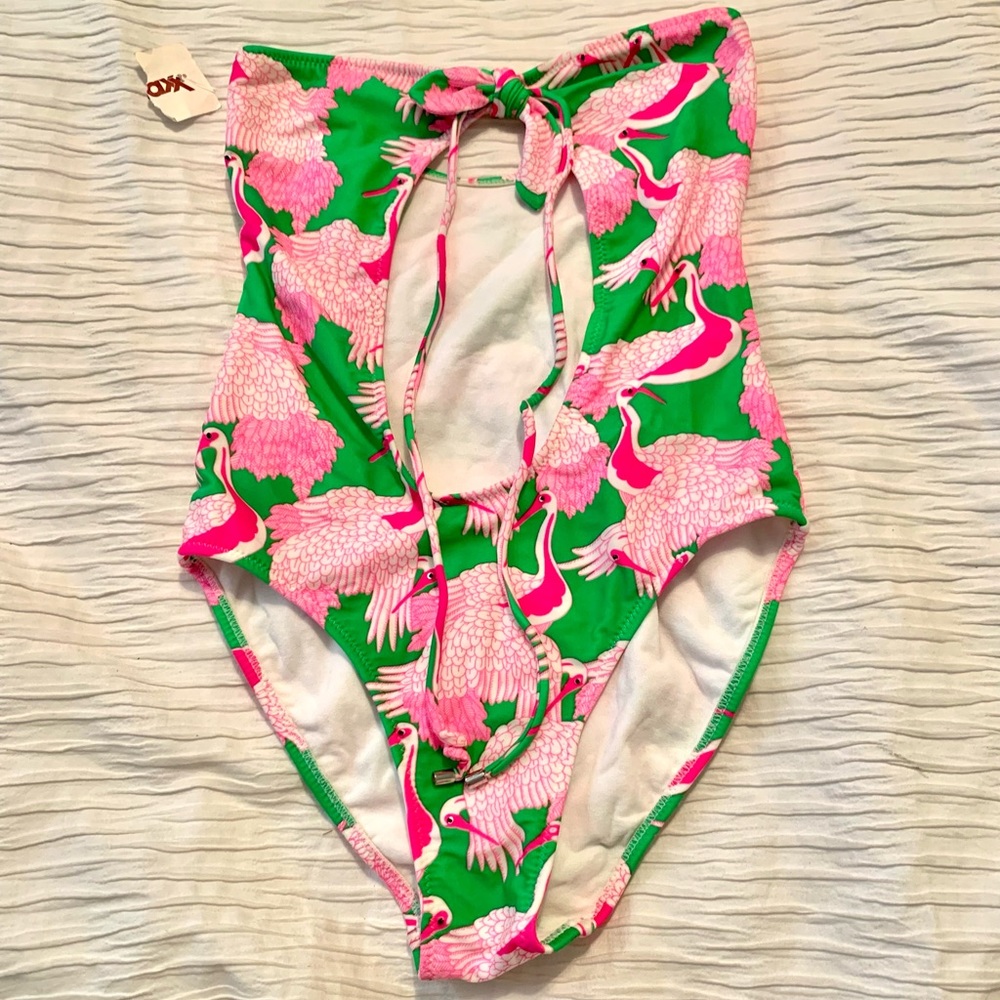Strapless one piece pink and green flamingo swimsuit